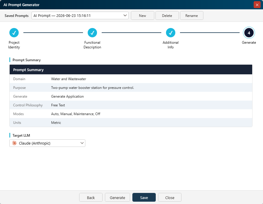 AI Prompt Generator — Generate (Step 4) with Prompt Summary and Target LLM