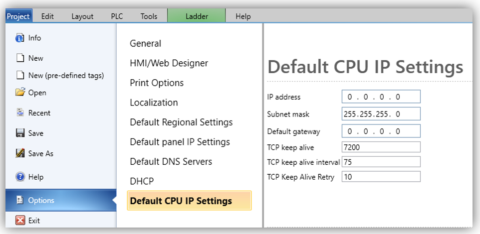 Configuring Default Project Options